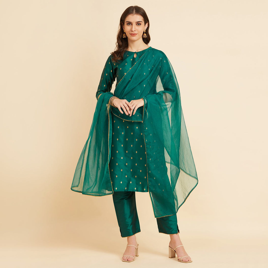 Women's Green Straight Calf Length Kurta With Palazzo & Dupatta Set - Azira