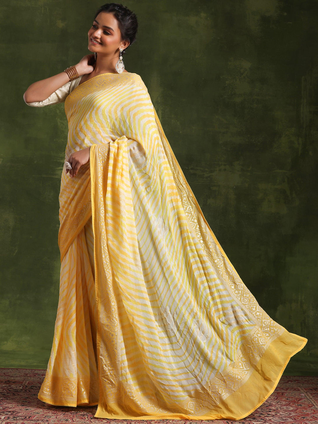 Yellow Printed Poly Georgette Saree With Unstitched Blouse Piece - Jashvi