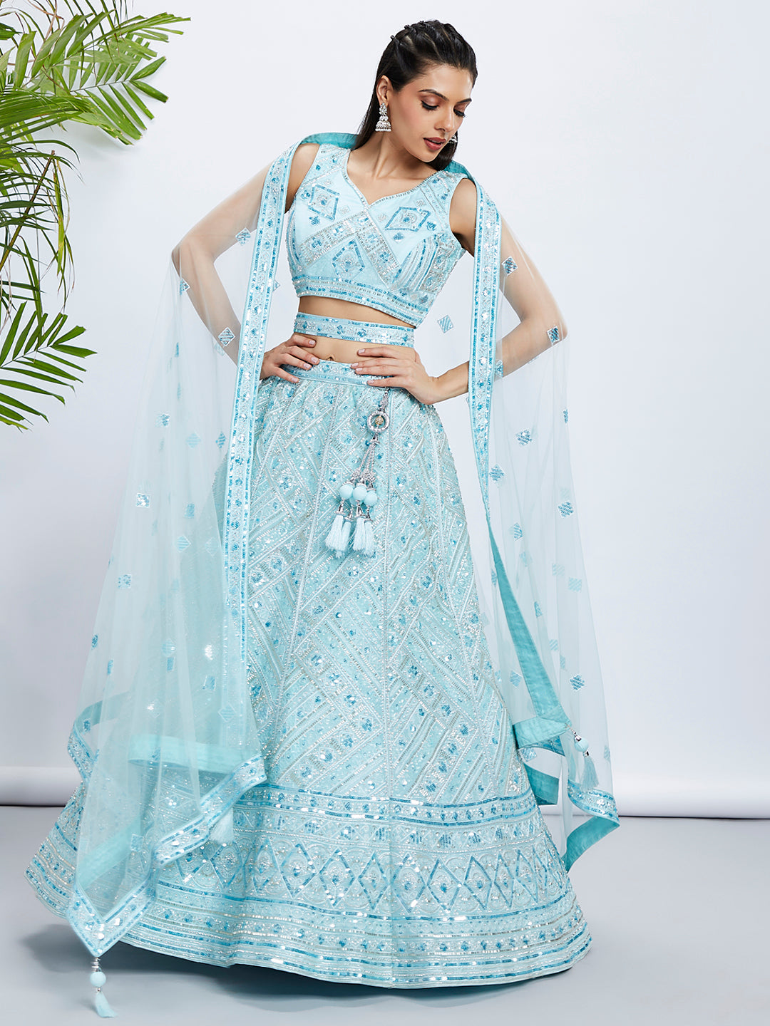 Women's Blue Chiffon Position Print With Sequins Embroidery  Lehenga Choli & Dupatta - Royal Dwells