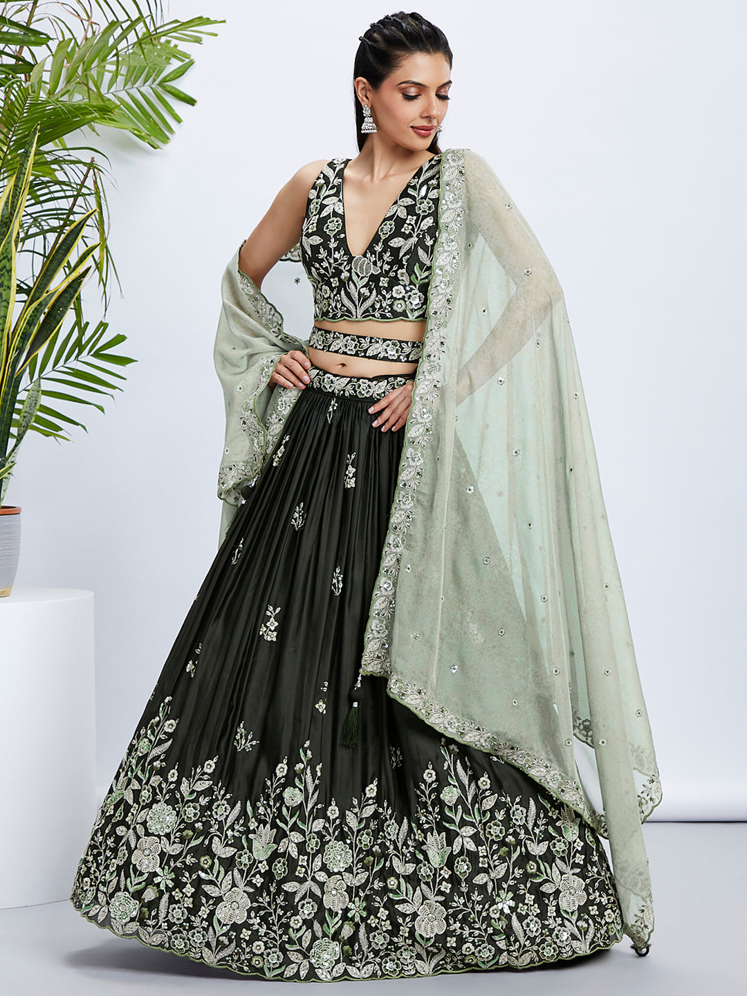 Women's Grey Georgette Sequins And Thread Embroidery  Lehenga Choli & Dupatta - Royal Dwells