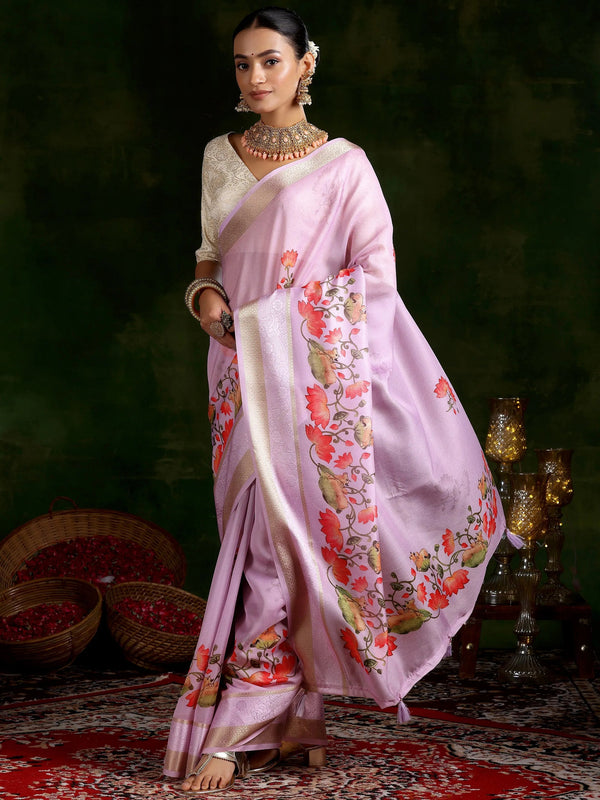 Lavender Printed Silk Blend Saree With Unstitched Blouse Piece