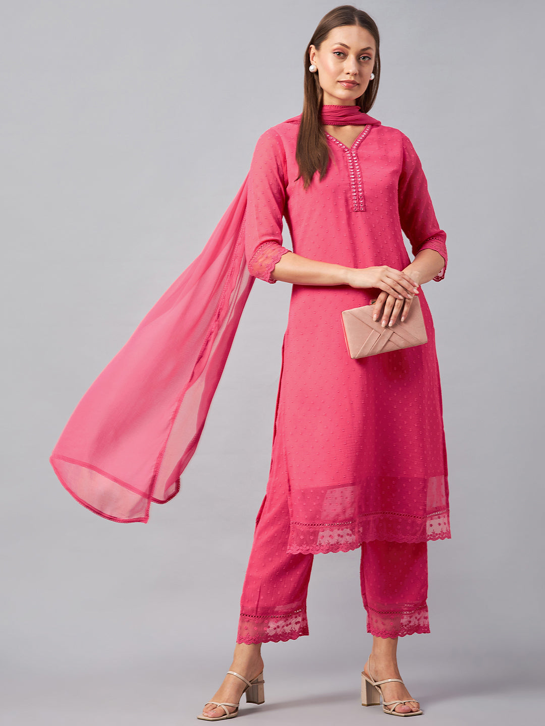 Women's Georgette Dobby Pink Kurta Dupatta Palazzo Set - Azira