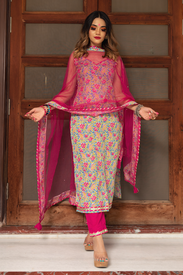 Women's jaipuri straight cotton suit set - Pomcha Jaipur