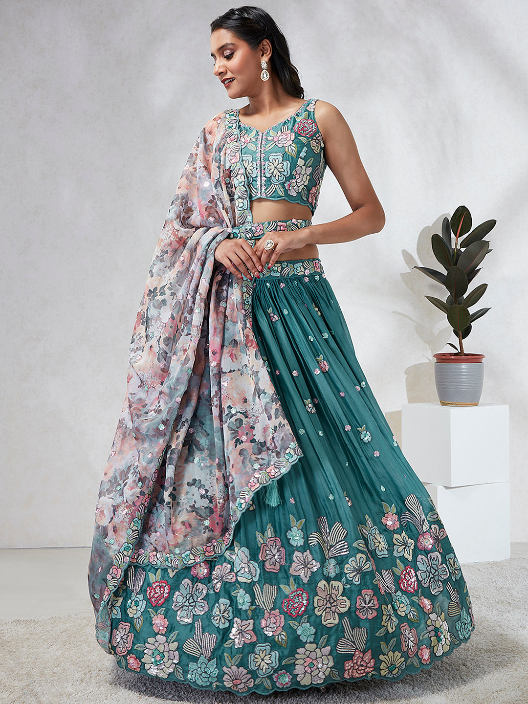 Women's Turquoise Blue Georgette Sequins And Thread Embroidery  Lehenga Choli & Dupatta - Royal Dwells