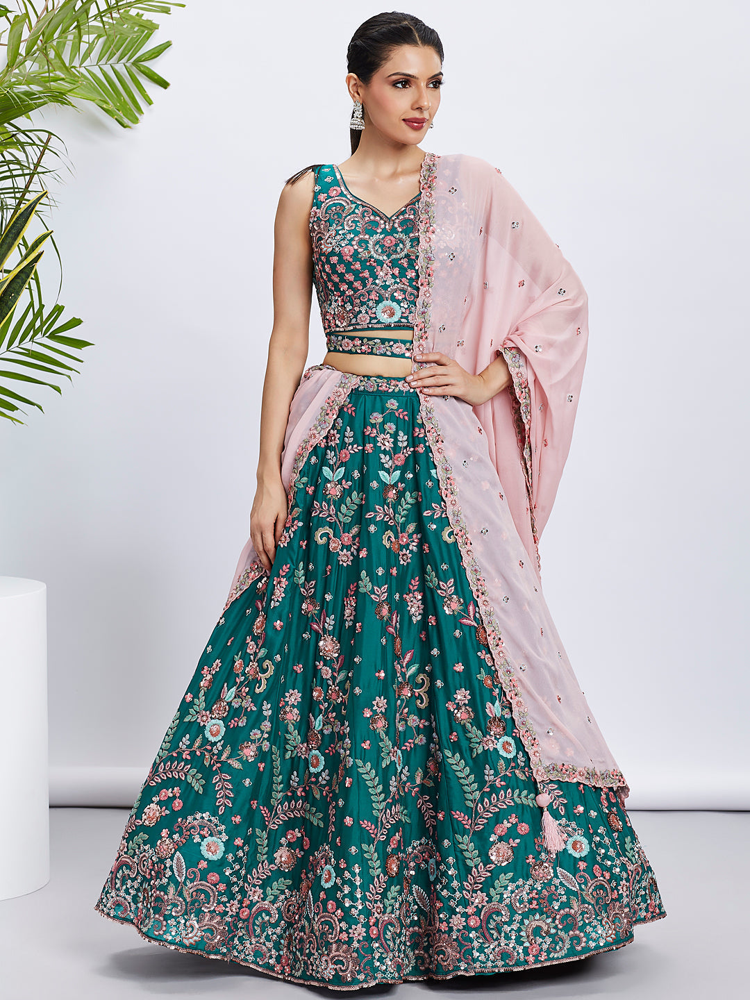 Women's Green Pure Georgette Sequins And Thread Embroidery Lehenga Choli & Dupatta - Royal Dwells