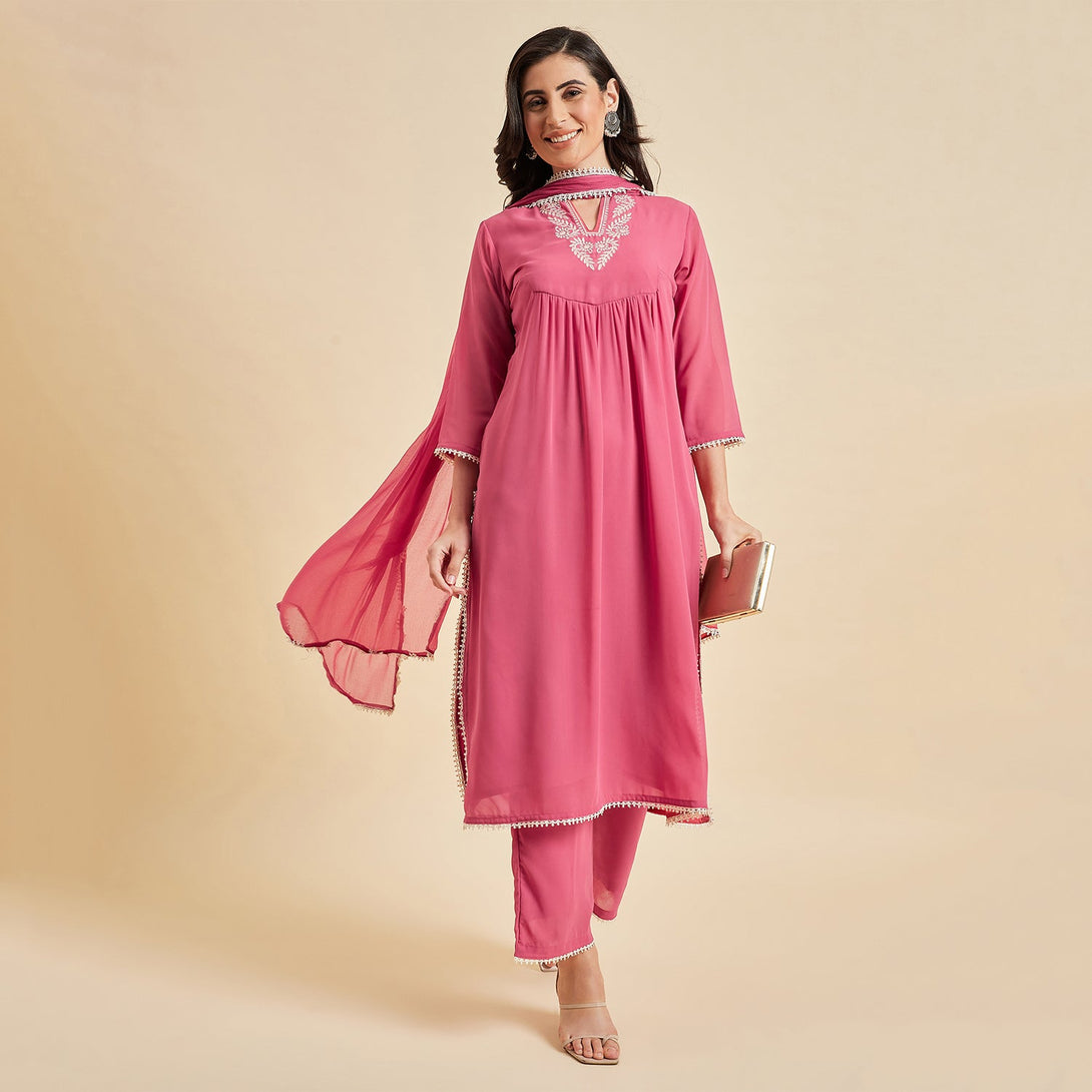 Women's Embroidered Georgette Straight Calf Length Kurta With Palazzo And Dupatta - Azira