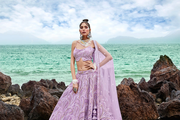 Women's Mauve Net Multi Sequins With Heavy Zarkan Embroidery Ready To Wear  Lehenga Choli & Dupatta - Royal Dwells