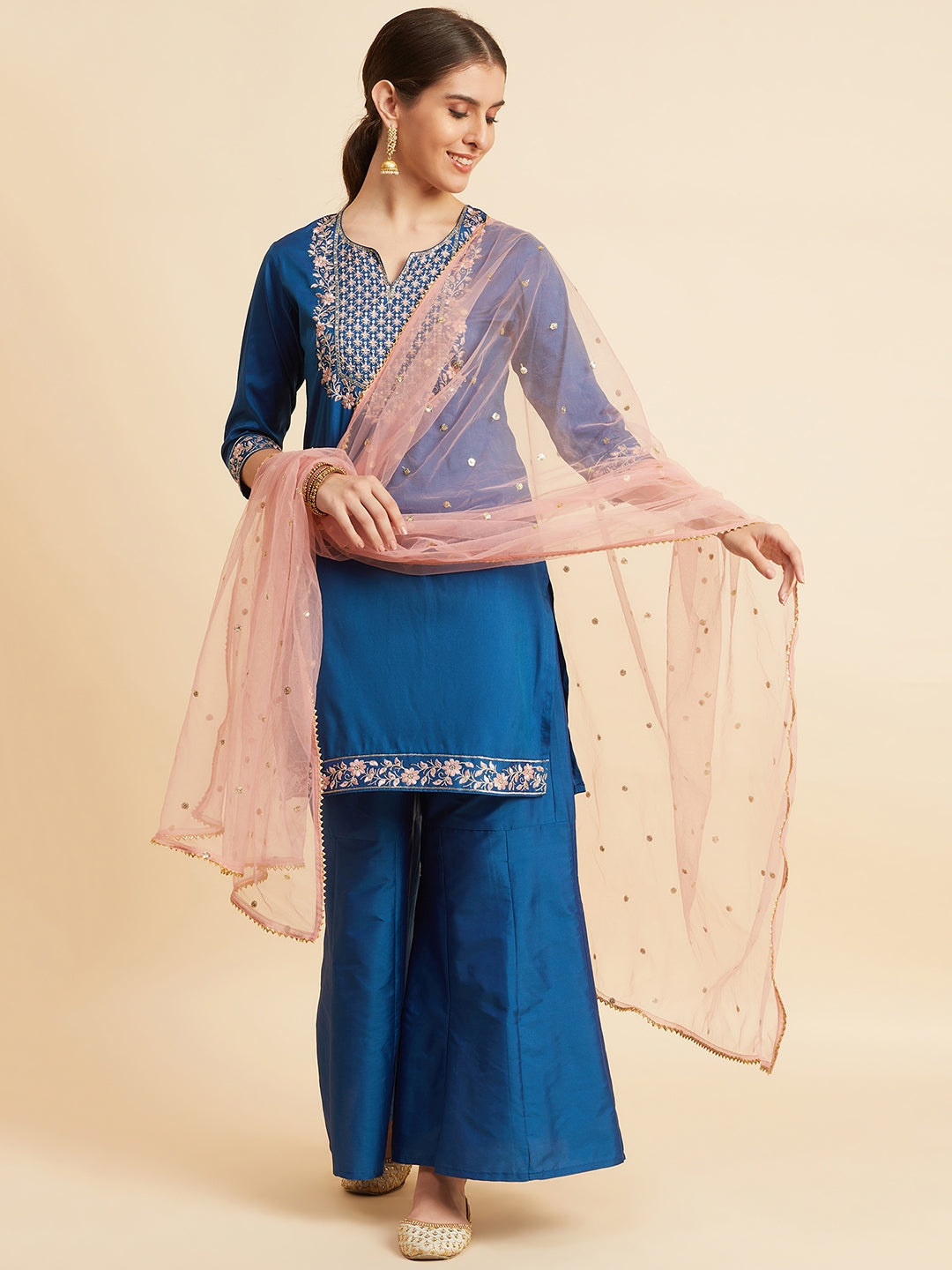 Women's Blue Embroidered Straight Calf Length Kurta With Palazzo & Dupatta Set - Azira