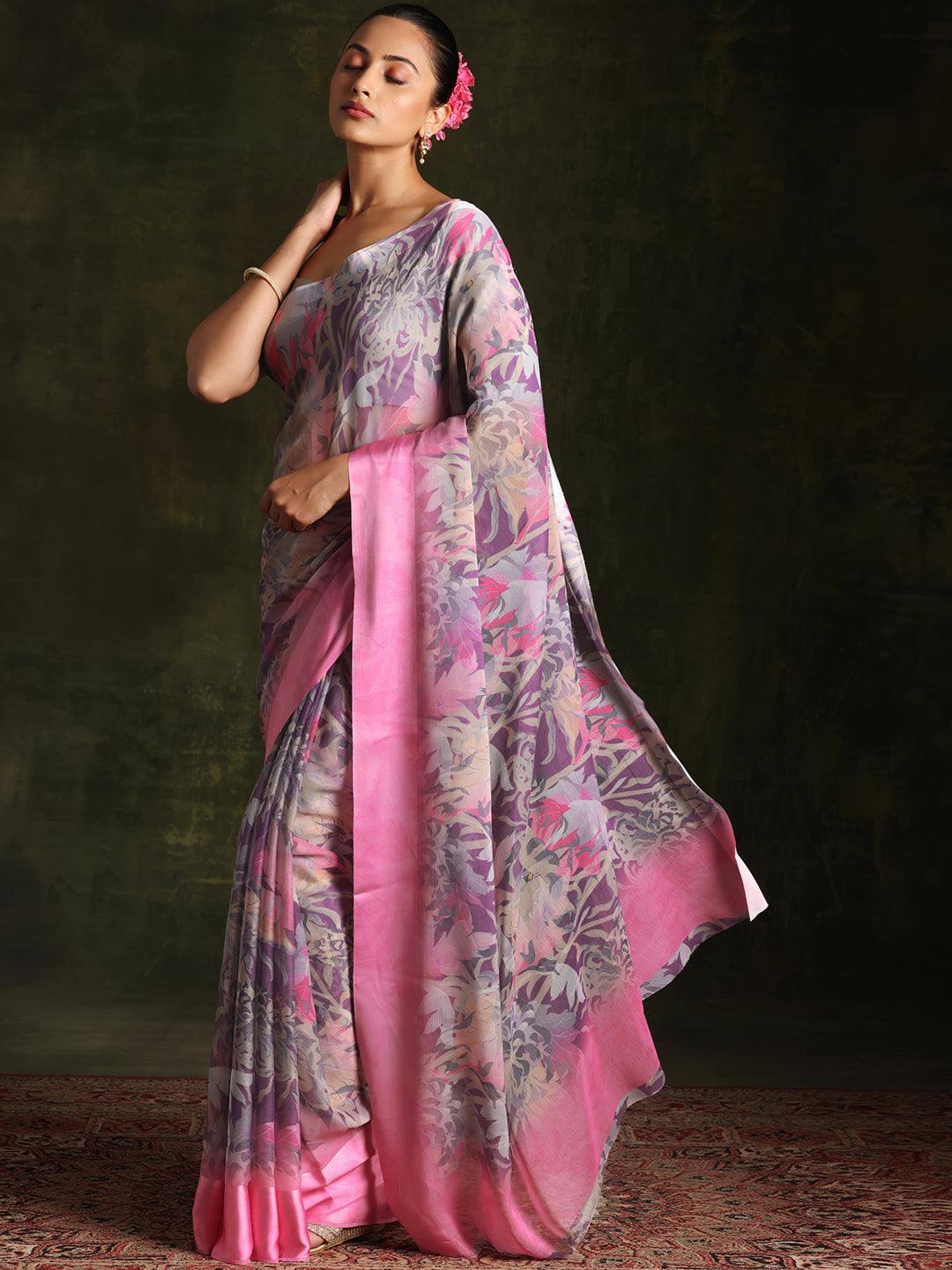 Multicoloured Printed Silk Blend Saree With Unstitched Blouse Piece - Jashvi