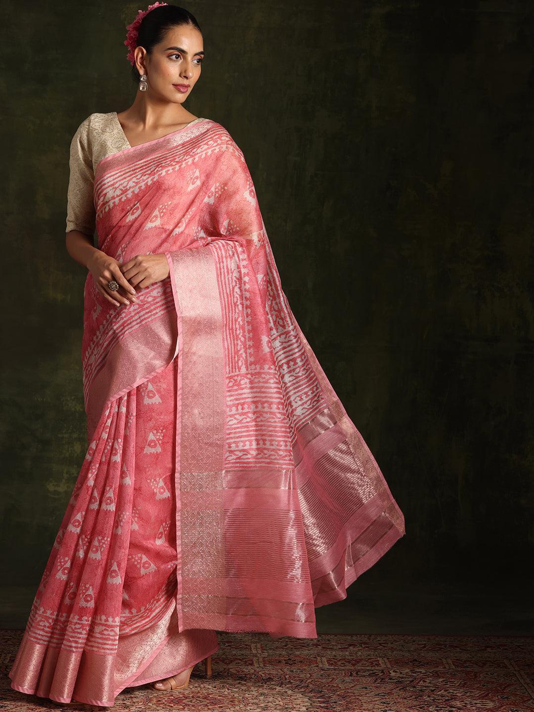 Pink Printed Silk Blend Saree With Unstitched Blouse Piece - Jashvi