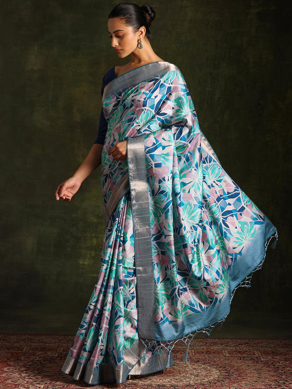 Blue Printed Silk Blend Saree With Unstitched Blouse Piece - Jashvi