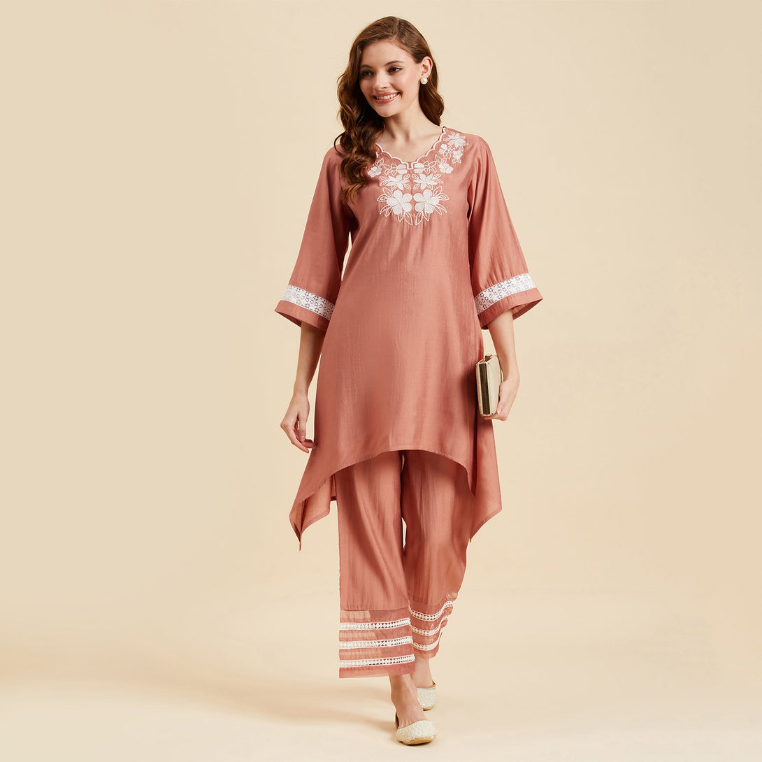 Women's Peach  Embroidered Kurta Set - Azira