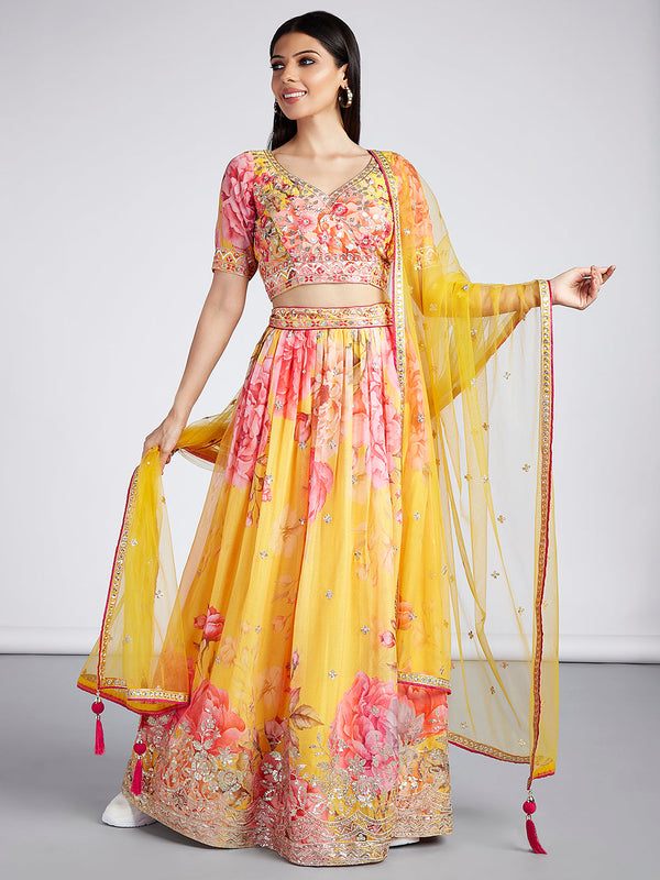 Women's Yellow Colour Organza Floral Design Digital Print  Lehenga Choli & Dupatta - Royal Dwells