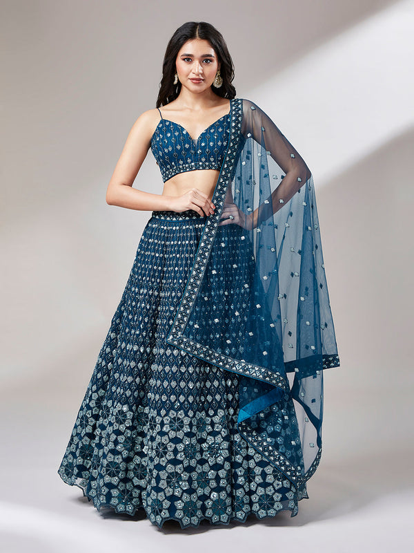 Women's Navy Blue Net Heavy Sequinse Embroidery Ready To Wear  Lehenga Choli & Dupatta - Royal Dwells