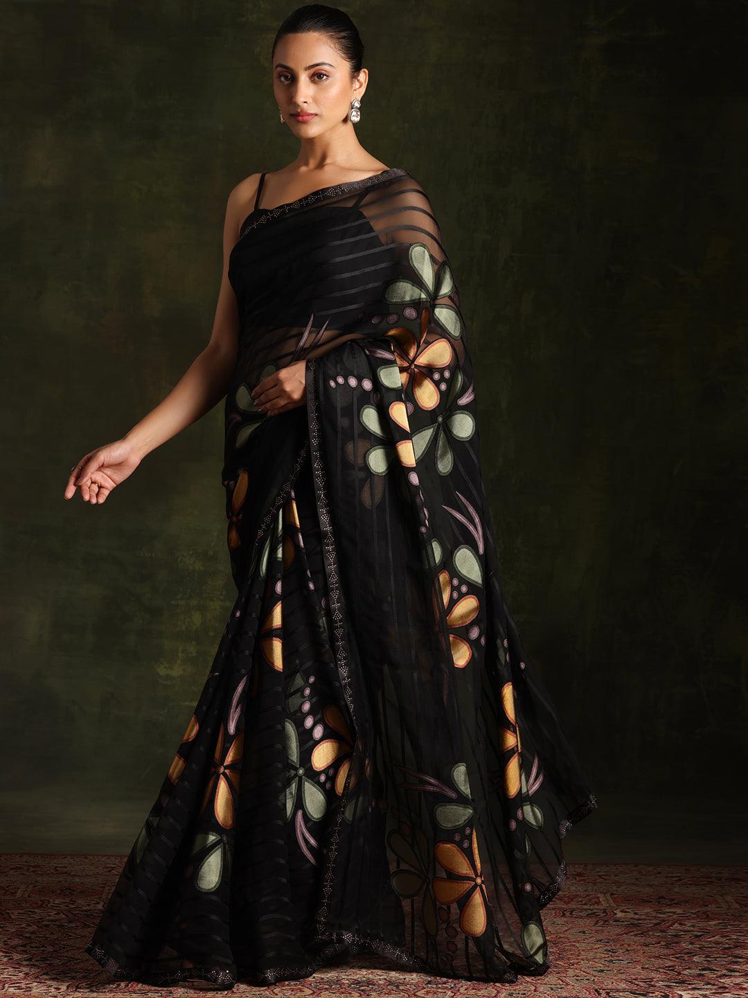 Black Woven Design Brasso Saree With Unstitched Blouse Piece - Jashvi