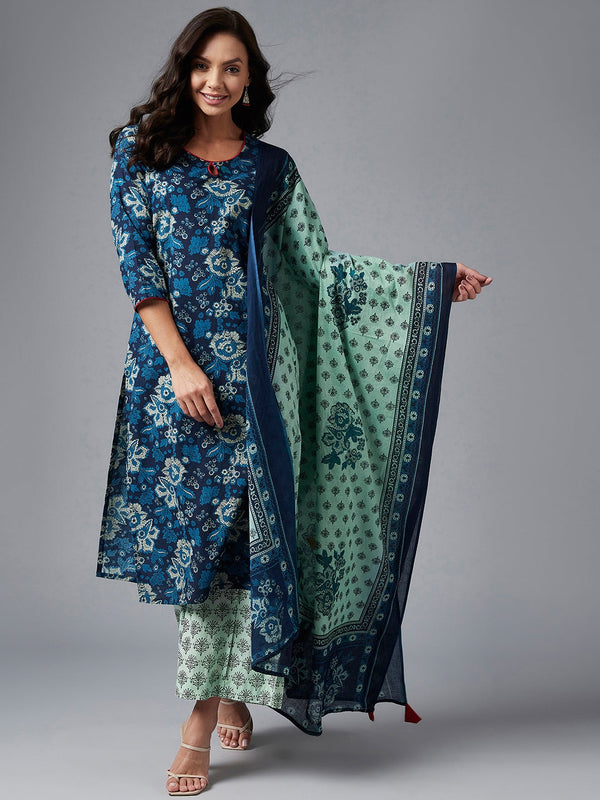 Women's Navy Blue Floral Printed Side Slit Straight Kurta Palazzo With Dupatta Set - Azira