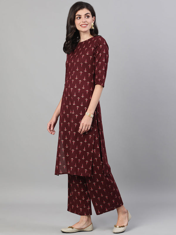 Women's Wine Three-Quarter Sleeves Printed Kurta-Palazzo with pockets and Face Mask - Taantav