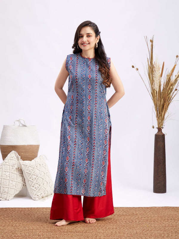 Jashvi Women's Blue And Red Kalamkari Kurta Palazzo Set