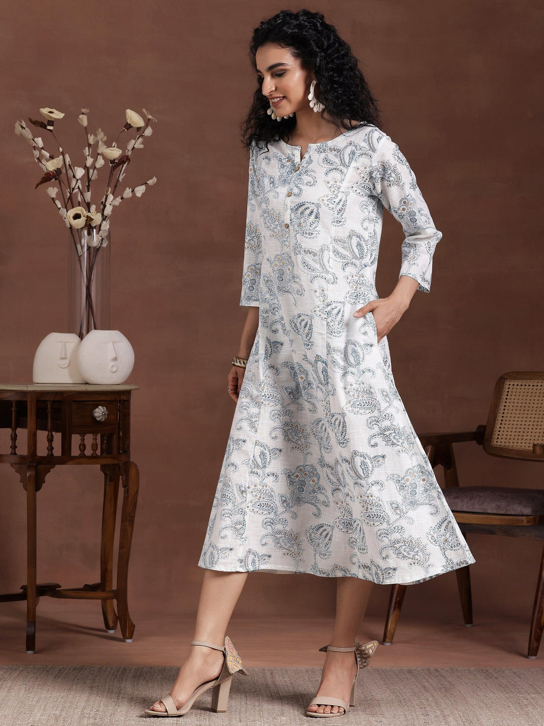 White Printed Cotton A-Line Dress - Jashvi