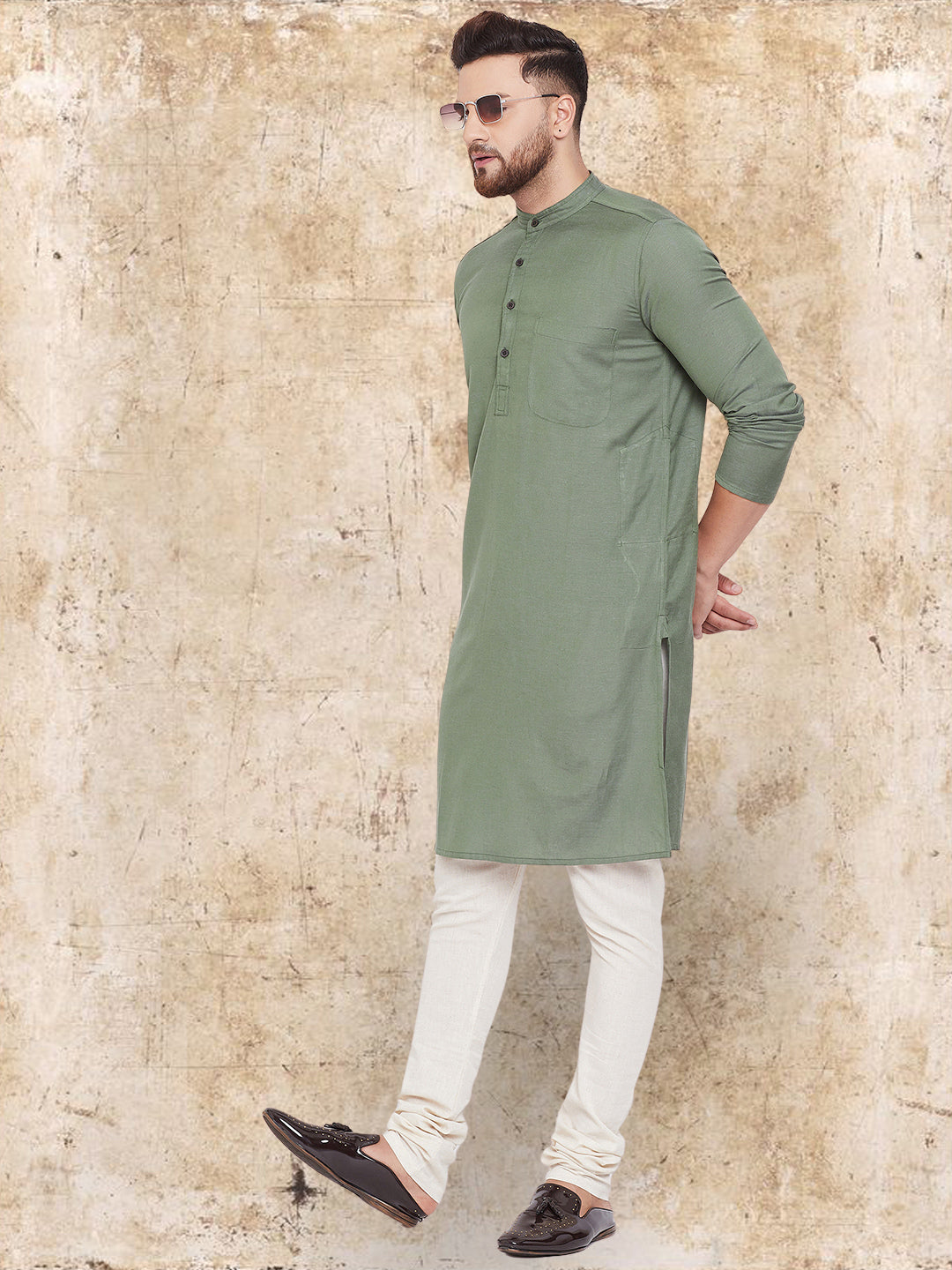 Men's Cotton Linen Green Kurta - Even Apparels