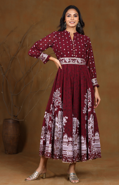 Women's Georgette Printed Flared Dress With Belt -Juniper