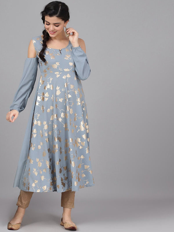 Women's  Grey & Gold-Toned Printed Anarkali Kurta - AKS