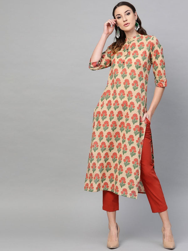 Women's  Beige & Orange Printed Straight Kurta - AKS