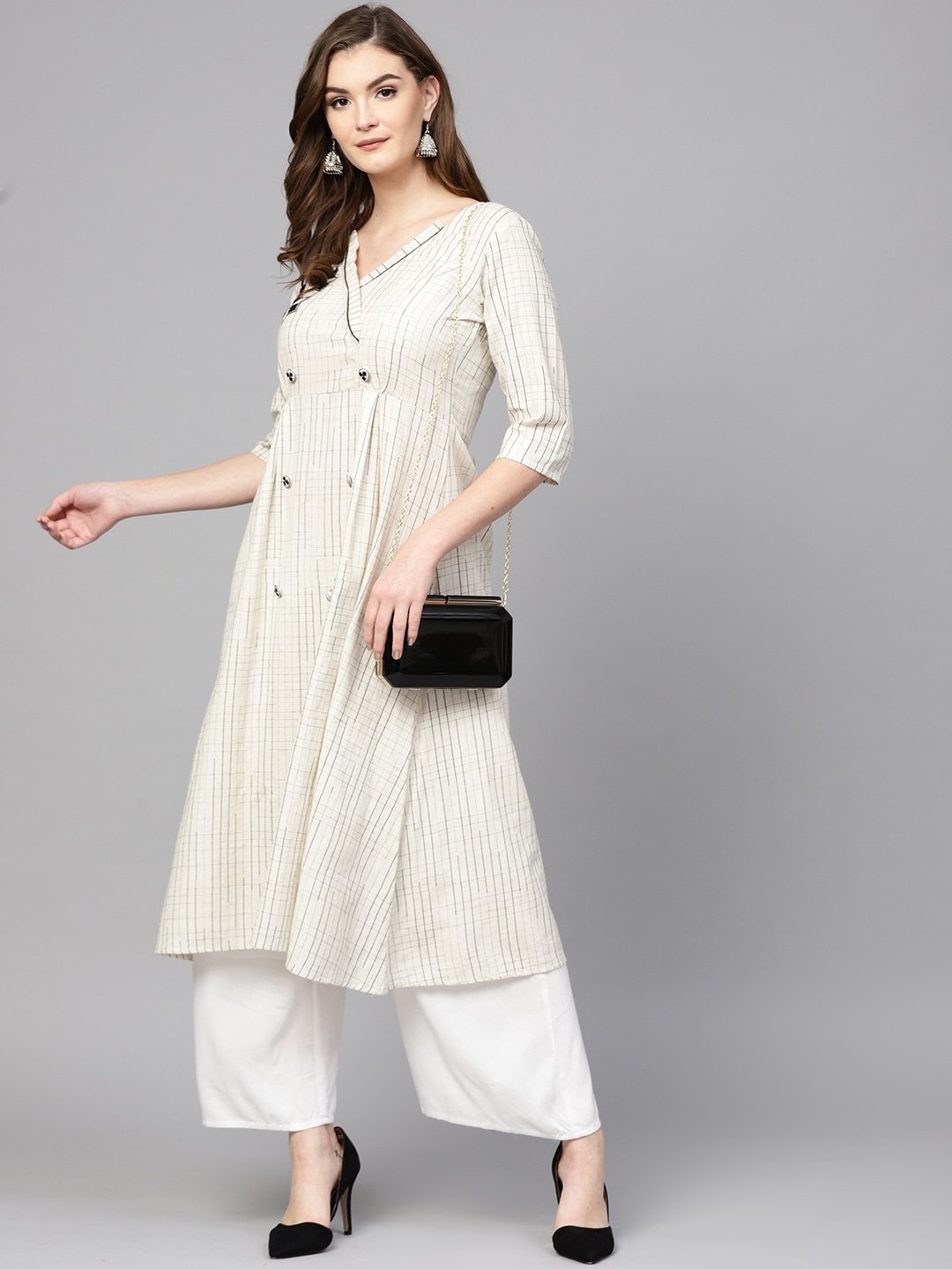 Women's Off-White & Black A-Line Kurta - Yufta