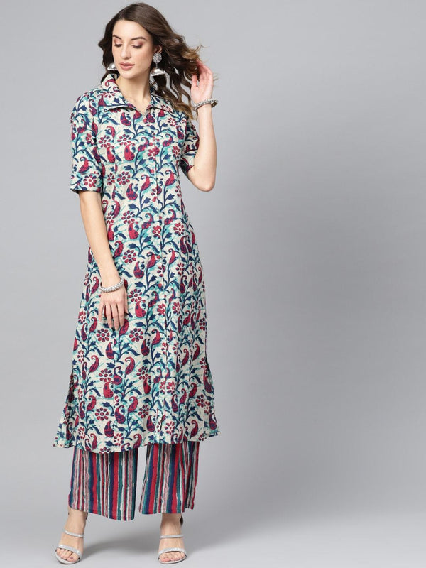 Women's  Off-White & Blue Printed Kurta with Palazzos - AKS