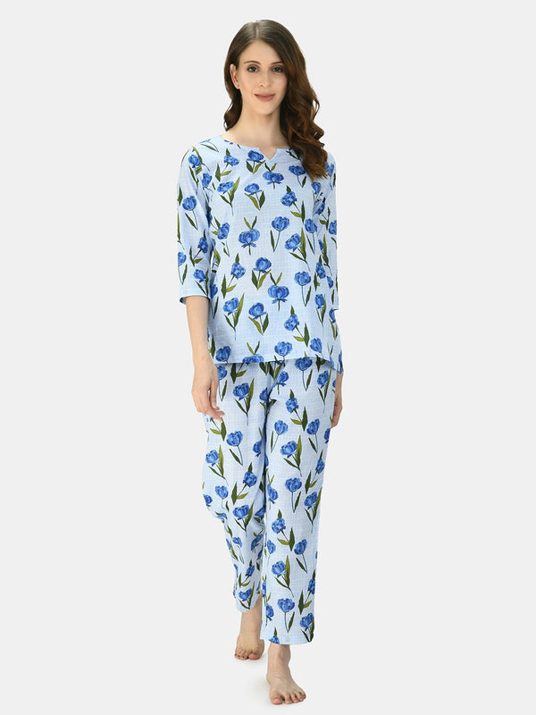 Women's BLue Cotton Printed Half Sleeve V Neck Casual Night Suit - Myshka