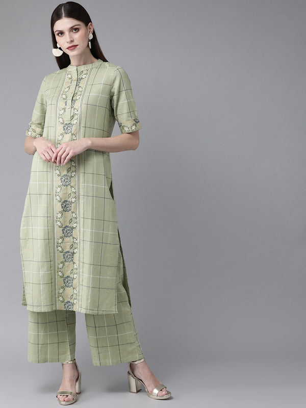 Women's  Green Checked Kurta with Palazzos - AKS