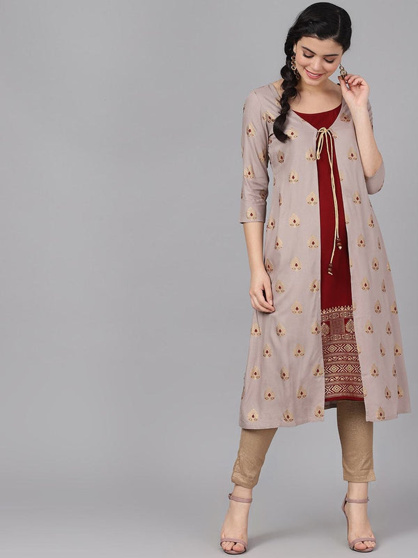 Women's  Maroon & Gold-Coloured Printed A-Line Kurta - AKS