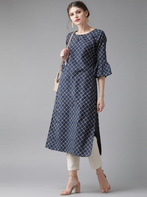 Women's Navy Blue Checked Kurta - Aks