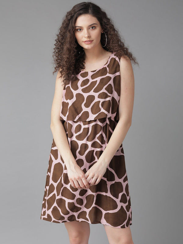 Women's  Pink & Brown Printed A-Line Dress - AKS