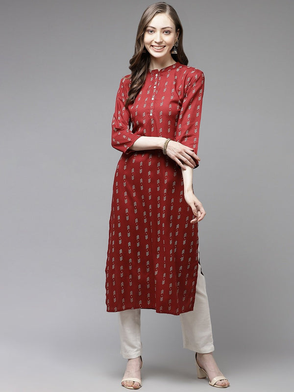 Women's Maroon Printed Kurta - Yufta