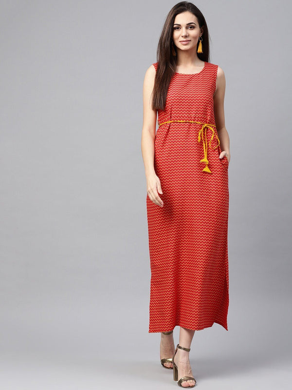 Women's  Red & Mustard Yellow Maxi Dress - AKS