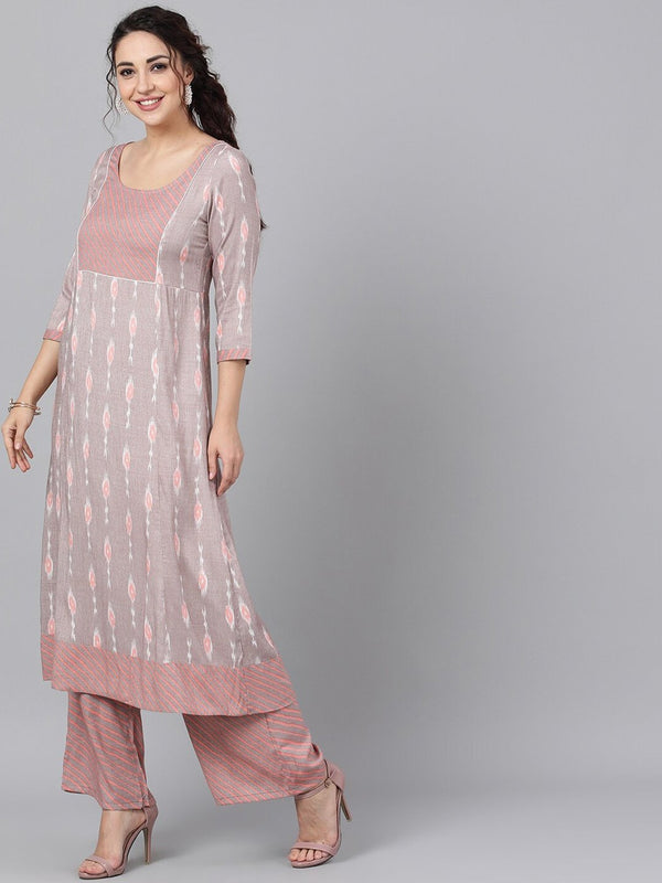 Women's  Beige & Peach-Coloured Printed Kurta with Palazzos - AKS