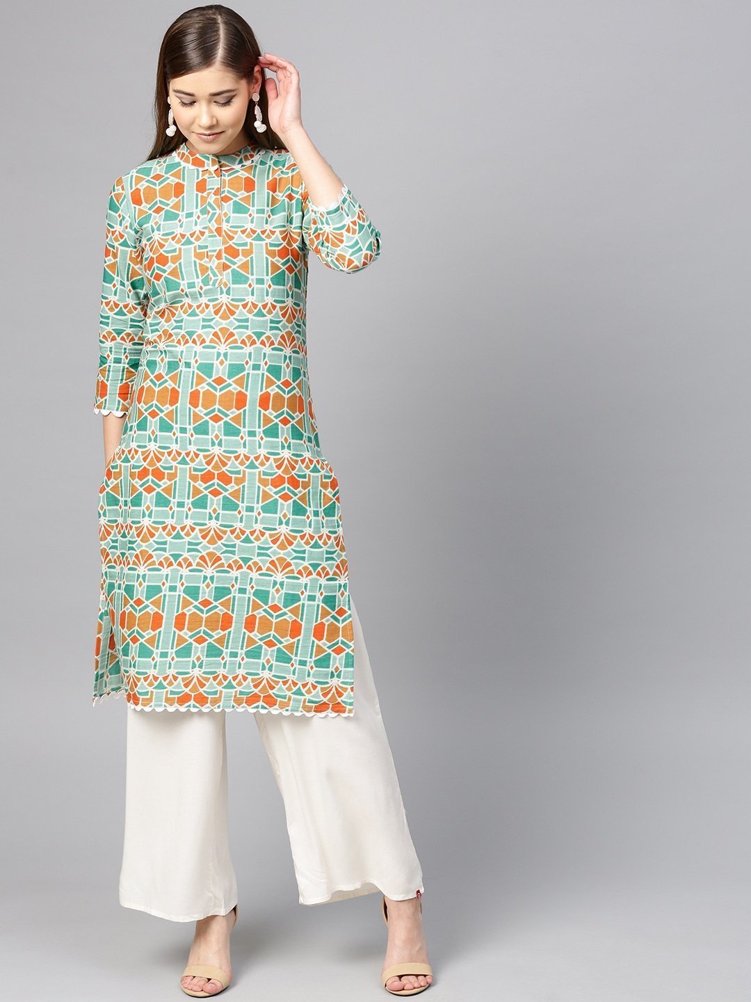 Women's Green & Orange Straight Kurta - Yufta