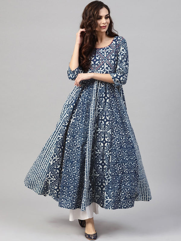 Women's  Blue & White Printed Anarkali Kurta - AKS