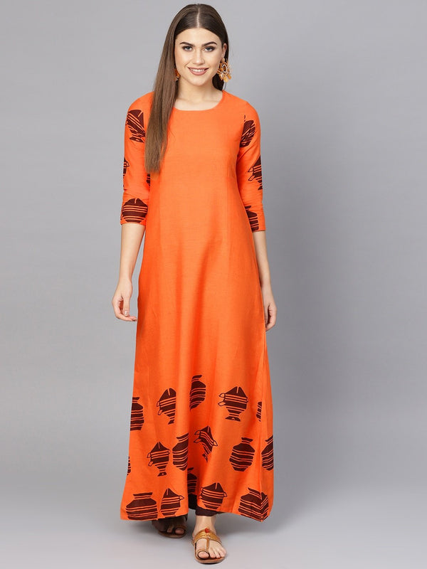 Women's  Orange & Brown Printed A-Line Kurta - AKS