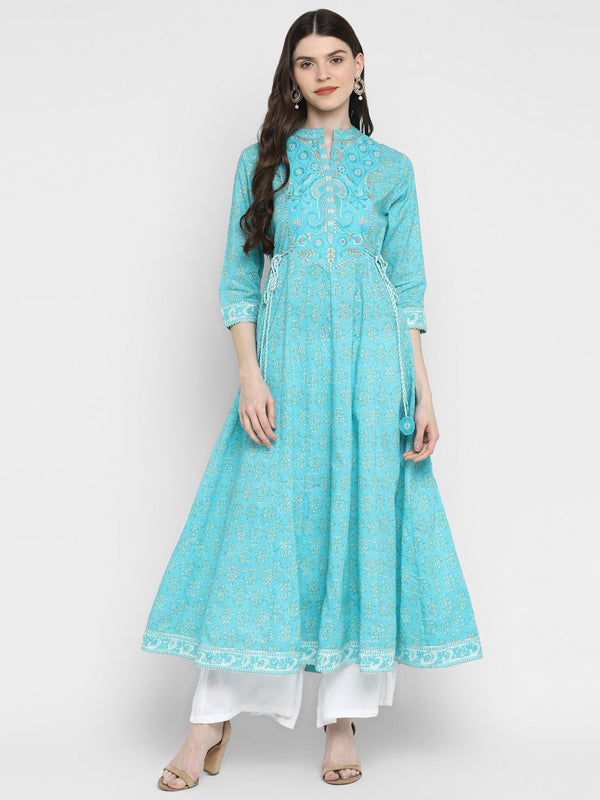 Women's Sky Blue Anarkali Cotton Kurta By Vbuyz (1Pc)