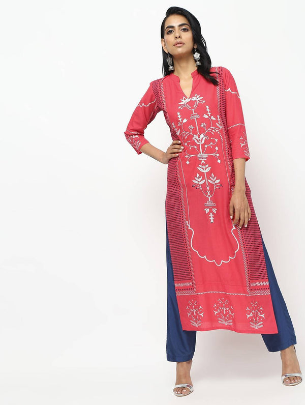 Women's Pink Straight Printed Long Kurta Only - Cheera