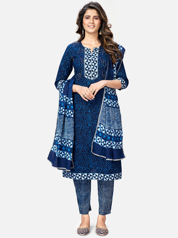 Women's Shibori Print & Sequence Straight Cotton Blue Kurta Pant With Dupatta (3Pcs Set) - Vbuyz