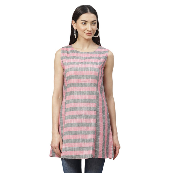 Women's Multicolor Cotton Check Sleeveless Round Neck Casual Top - Myshka