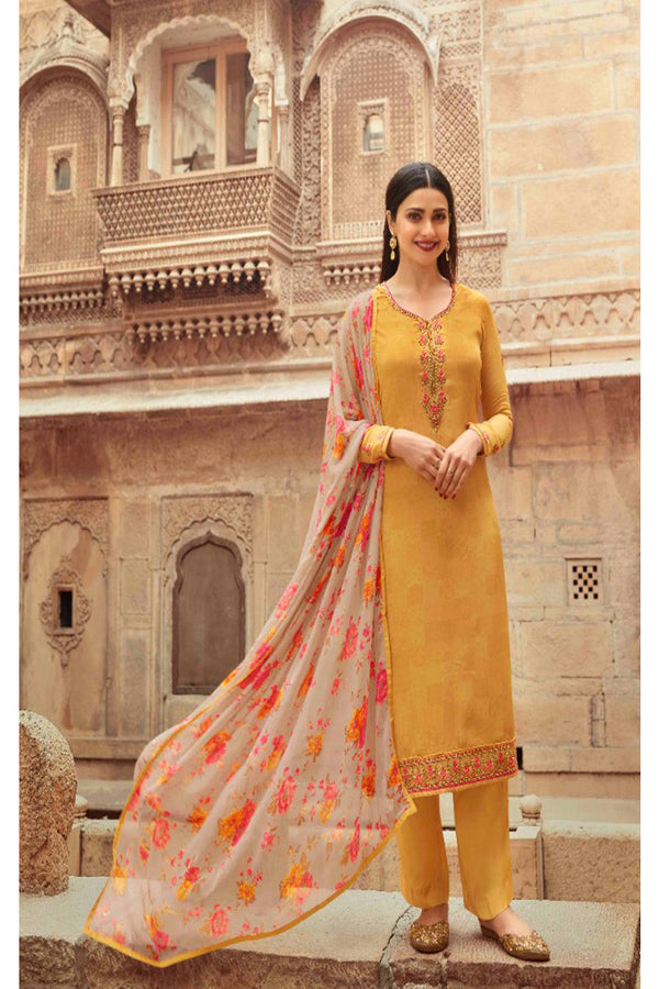 Women's Yellow Embroidered Silk Crepe Semi Stiched Salwar Suit - Fashion Forever