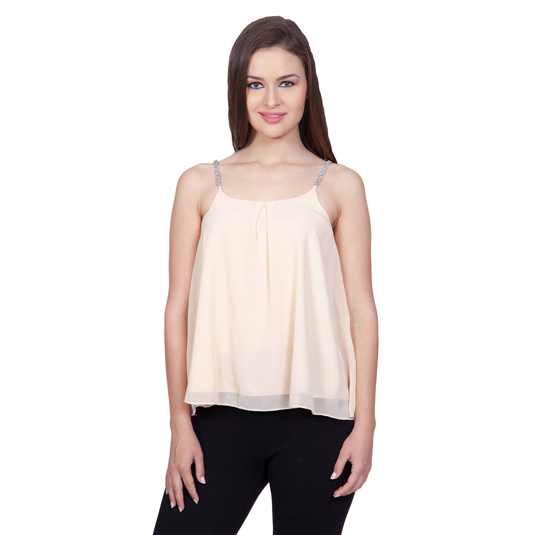 Women's Beige Embellished Strap Top - Stylestone