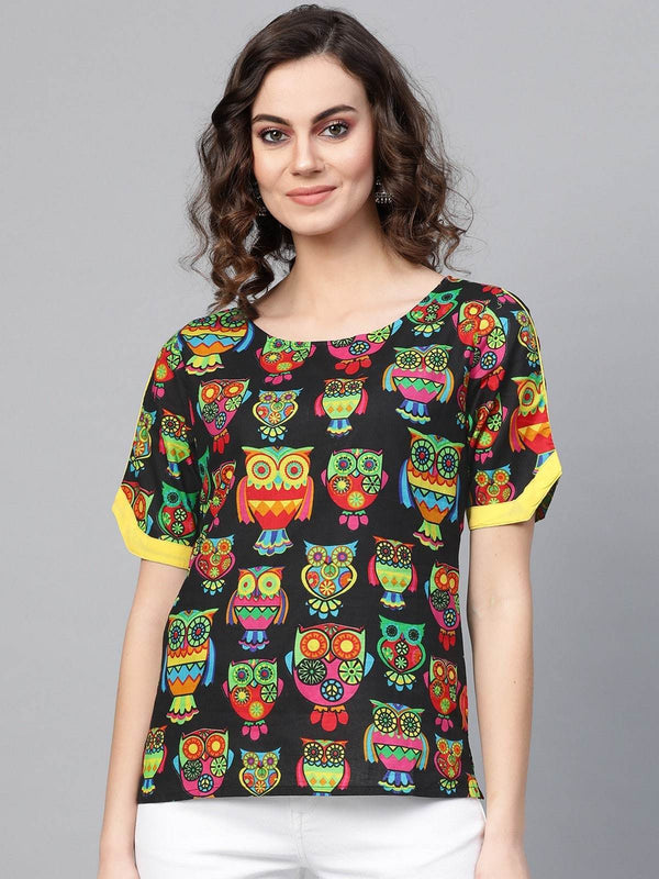 Women's Black Owl Print Top - Pannkh