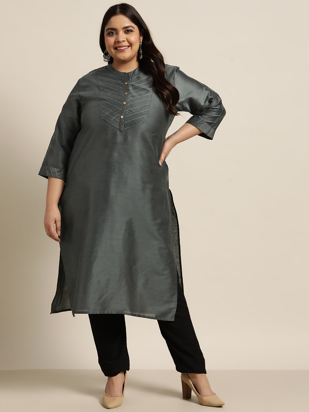 Women's Dark Grey Tussar Silk Festive Wear Solid Straight Kurta - Juniper