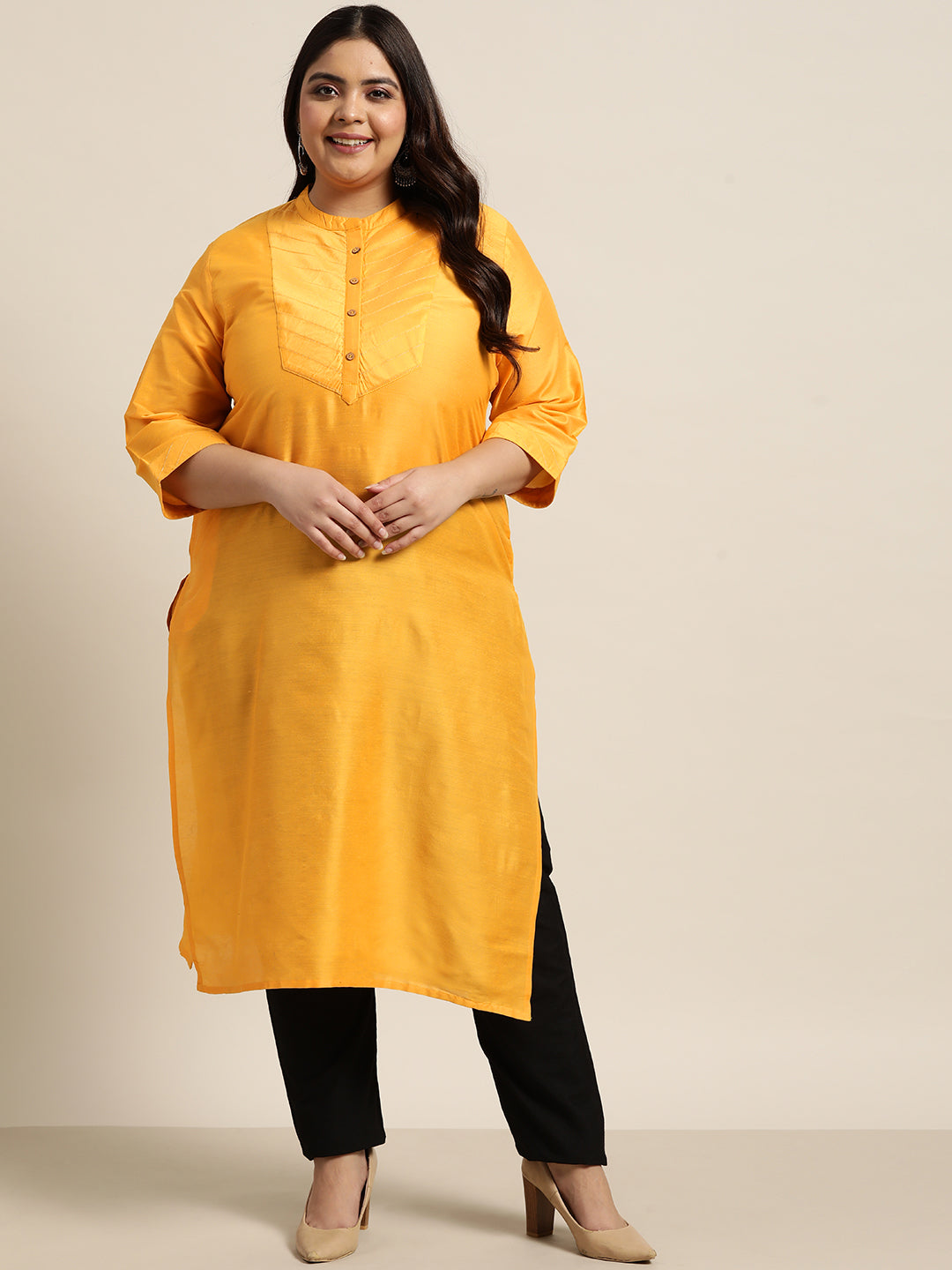 Women's Mustard Tussar Silk Festive Wear Solid Straight Kurta - Juniper