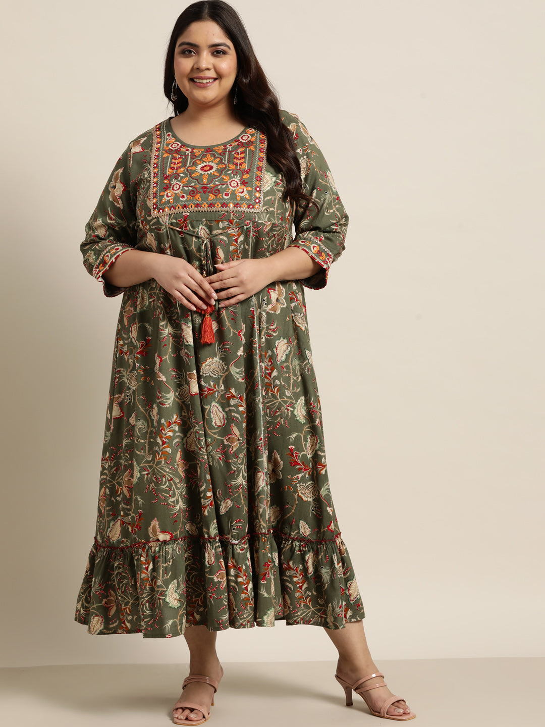 Women's Mehendi Green Rayon Festive Wear Embroidered & Printed Tiered Dress - Juniper